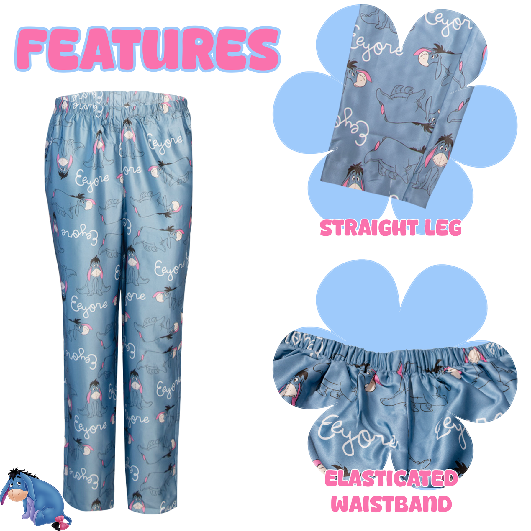 Damen/Mädchen Eeyore blau Satin Seide Knopfleiste Pyjama passend Mini Me - Bild 4 von 7