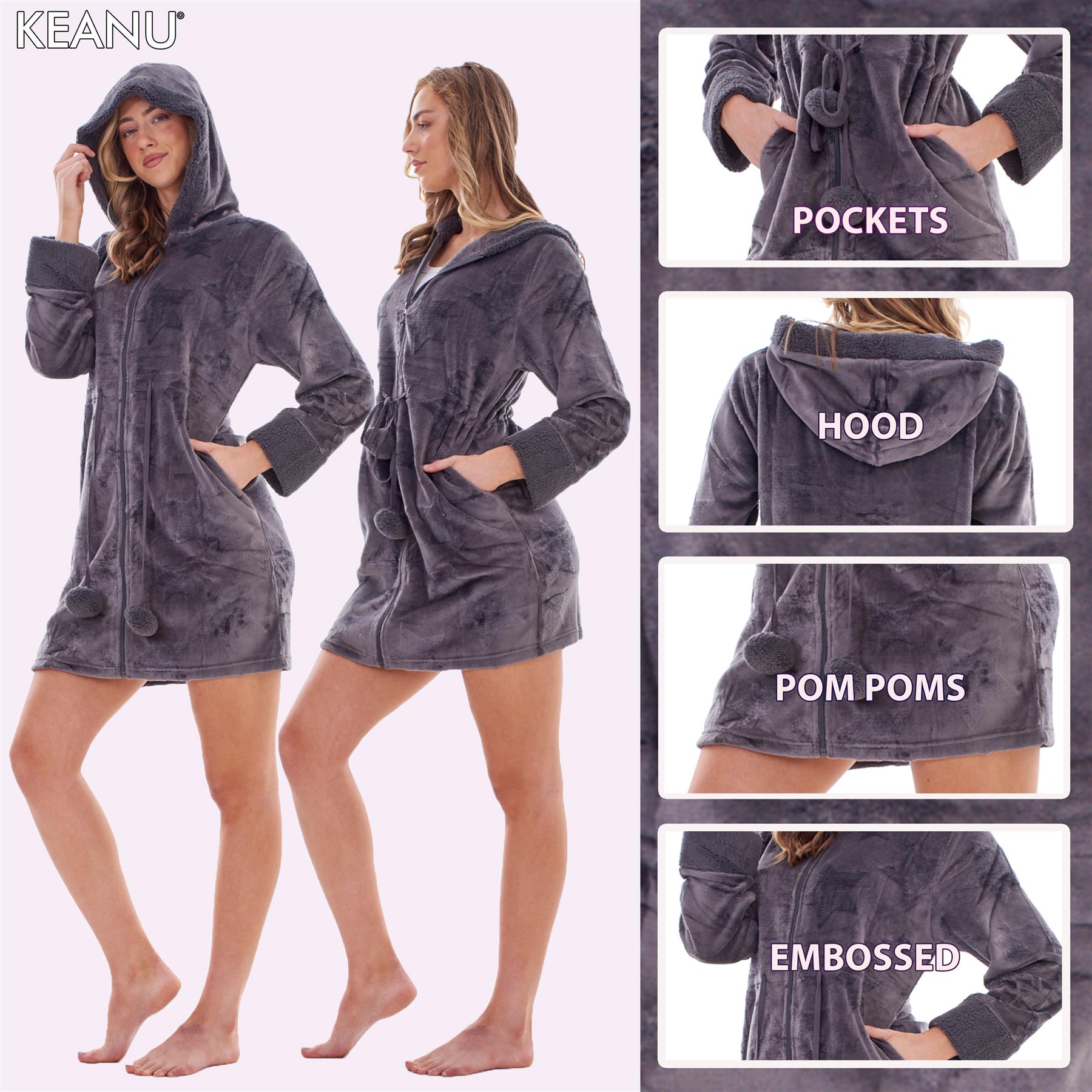 Ladies Soft Luxury Flannel Fleece Zip Front Hooded Dressing Gown Robe Embossed - Picture 10 of 15