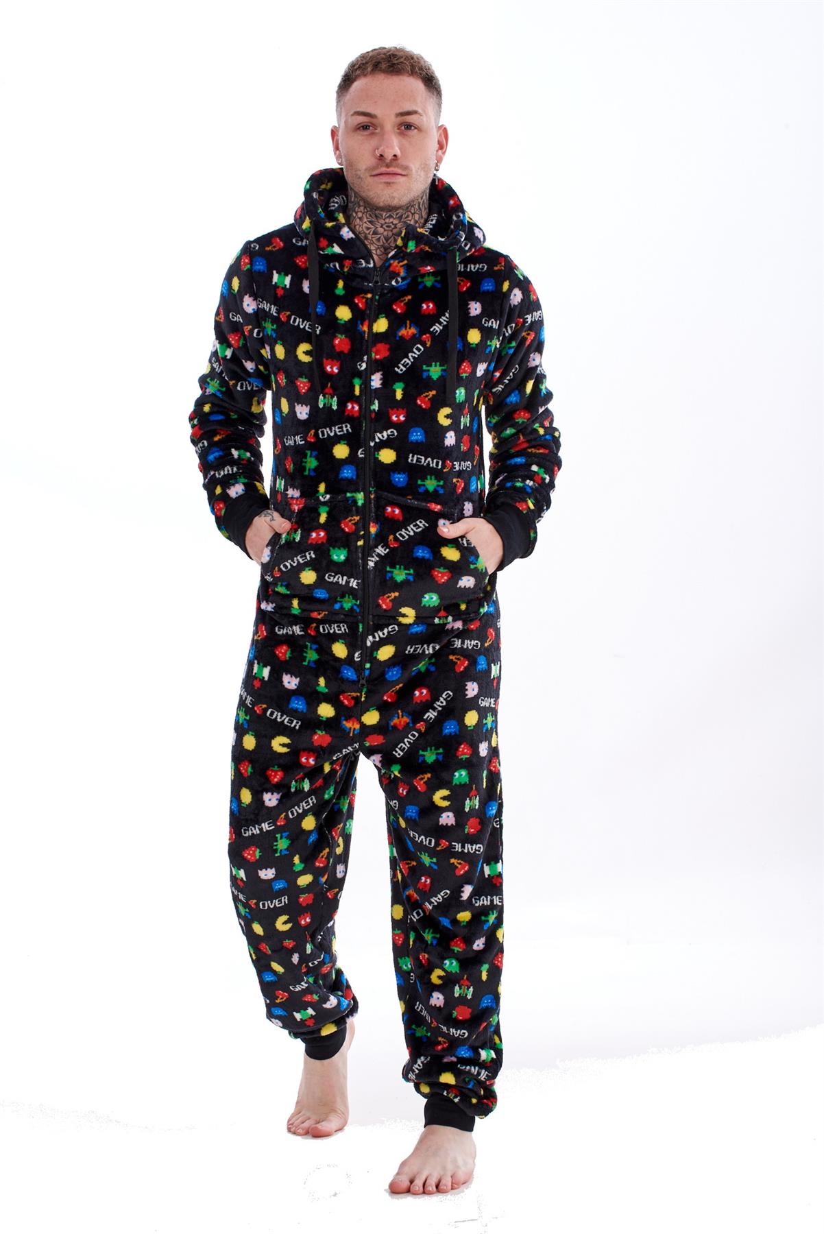 Mens Boys Luxury Flannel Fleece Matching Retro Games Hooded Gown Robe Onesee - Picture 55 of 75