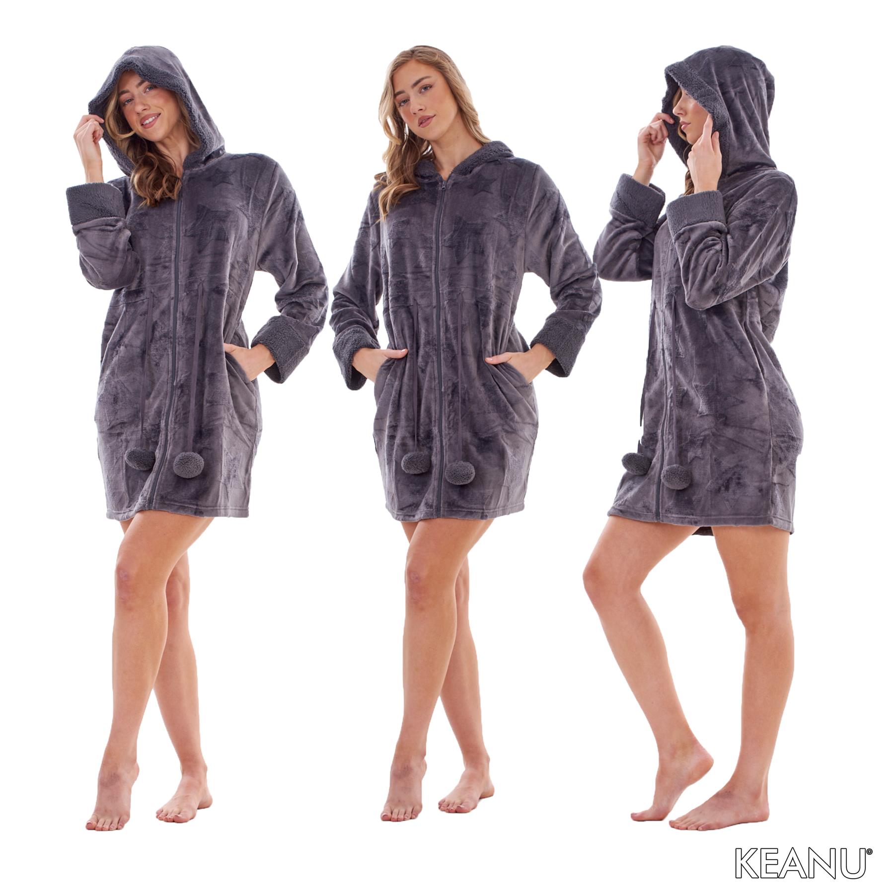 Ladies Soft Luxury Flannel Fleece Zip Front Hooded Dressing Gown Robe Embossed - Picture 13 of 15