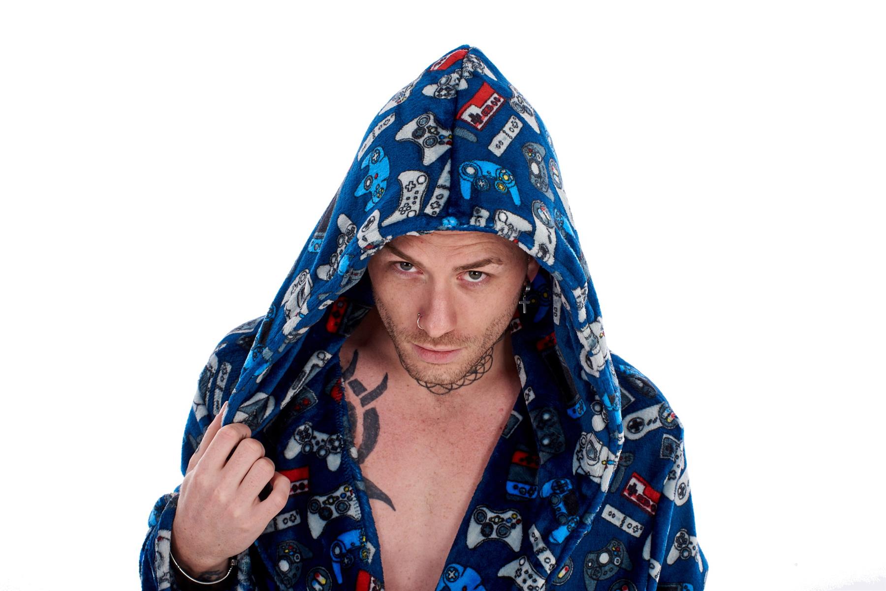 Mens Boys Luxury Flannel Fleece Matching Retro Games Hooded Gown Robe Onesee - Picture 40 of 75