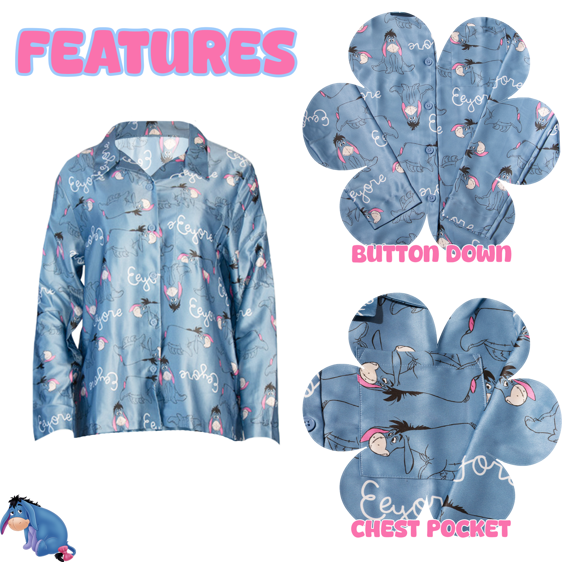 Damen/Mädchen Eeyore blau Satin Seide Knopfleiste Pyjama passend Mini Me - Bild 3 von 7