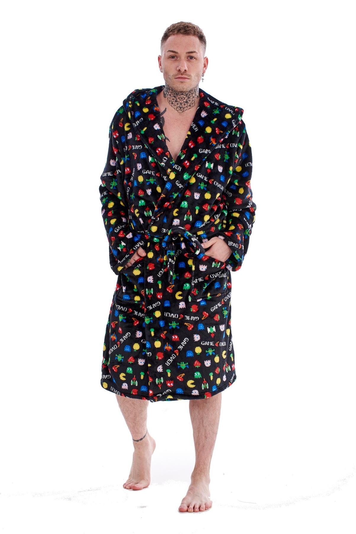 Mens Boys Luxury Flannel Fleece Matching Retro Games Hooded Gown Robe Onesee - Picture 20 of 75