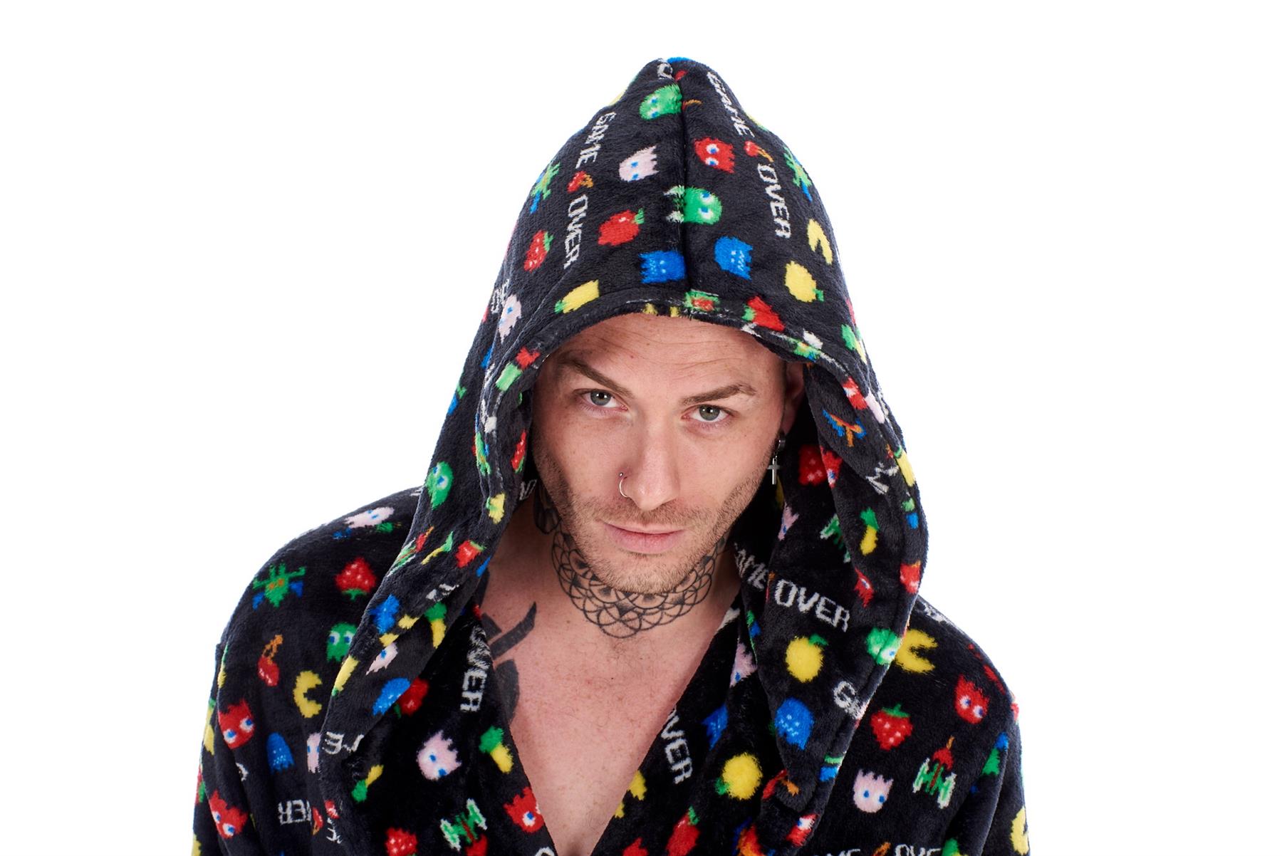 Mens Boys Luxury Flannel Fleece Matching Retro Games Hooded Gown Robe Onesee - Picture 25 of 75