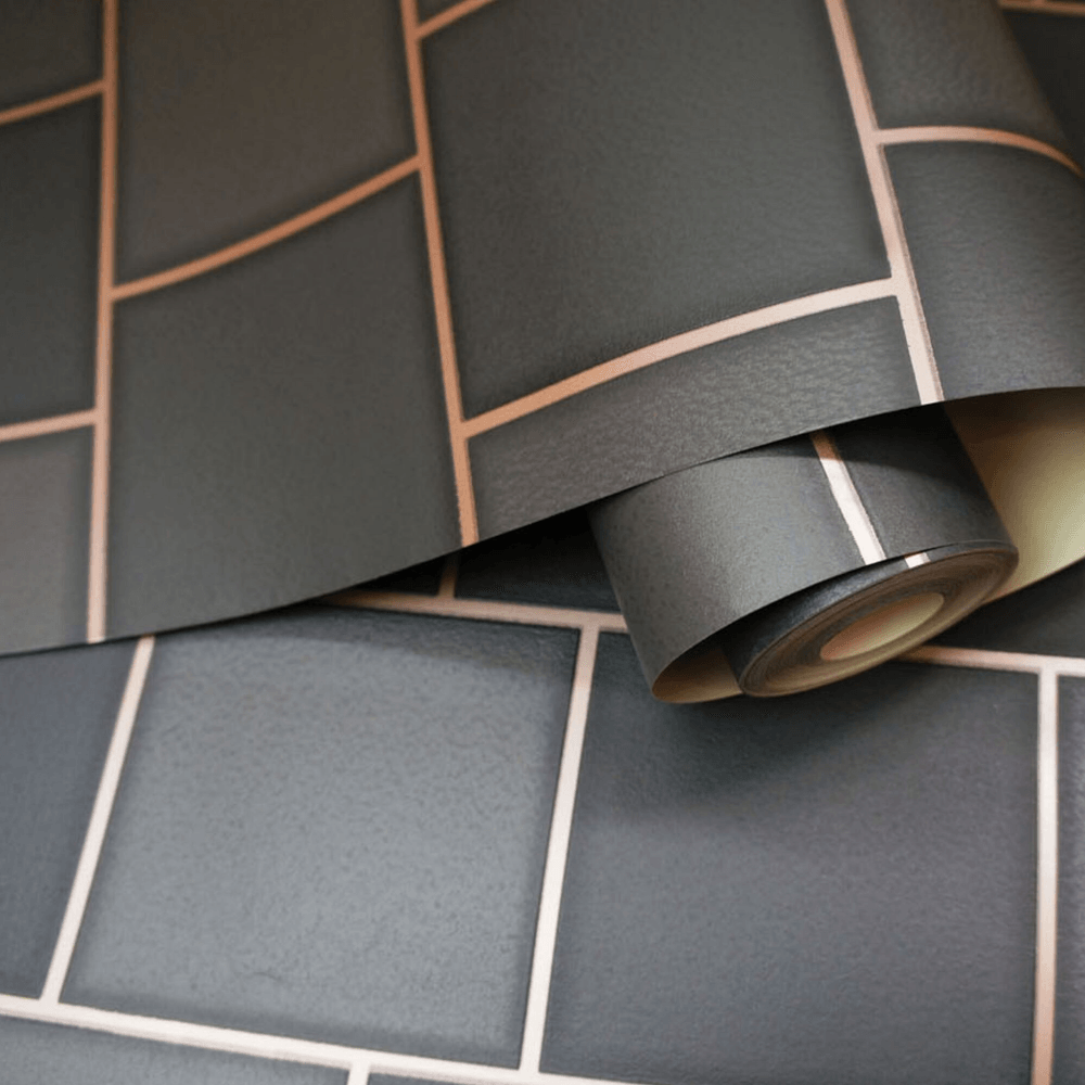 Kitchen Bathroom Holden Decor Glass Tile Charcoal Rose Gold Wallpaper 89353