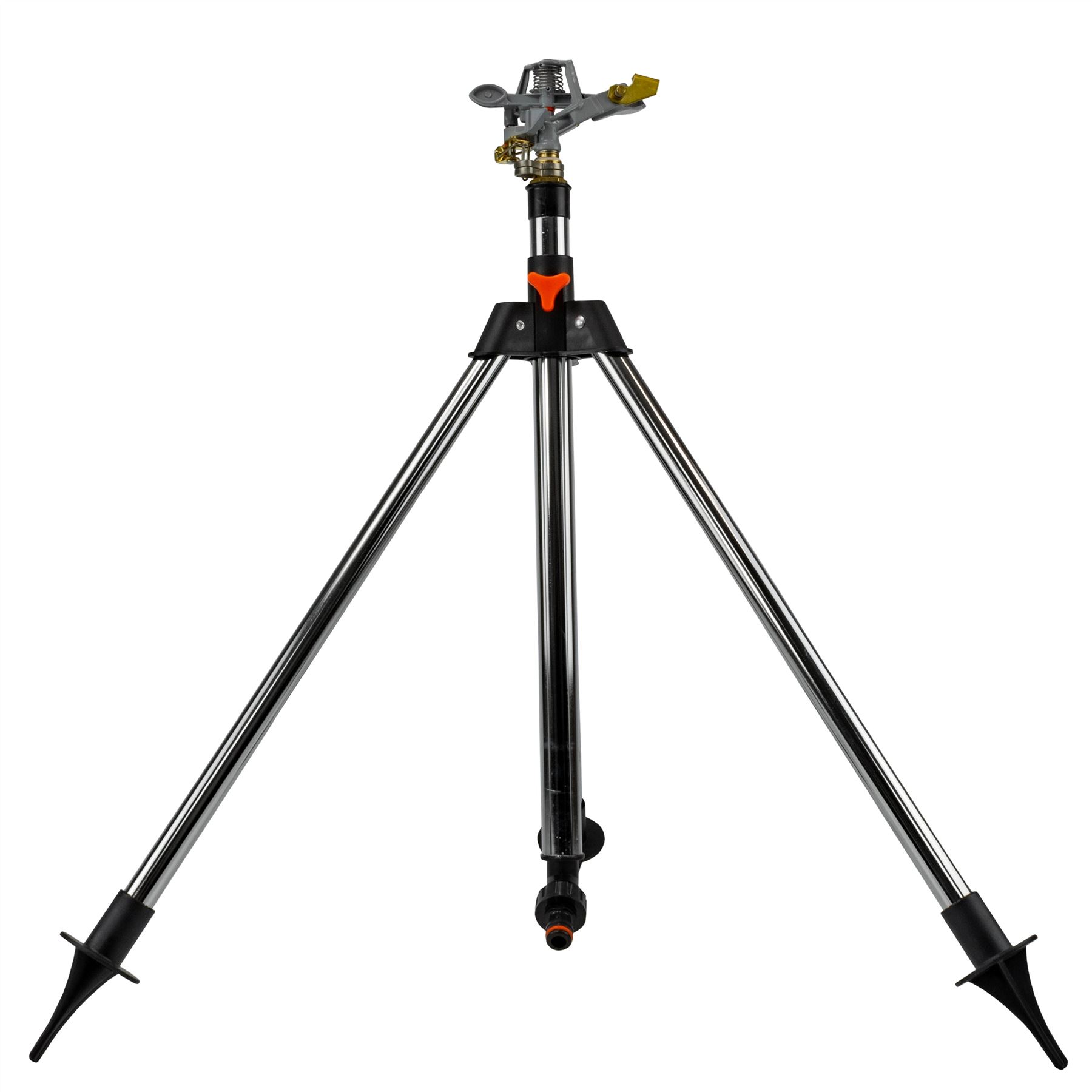 Close up view of Metal Pulsating Sprinkler Head mounted on Telescopic Tripod with Ground Spikes