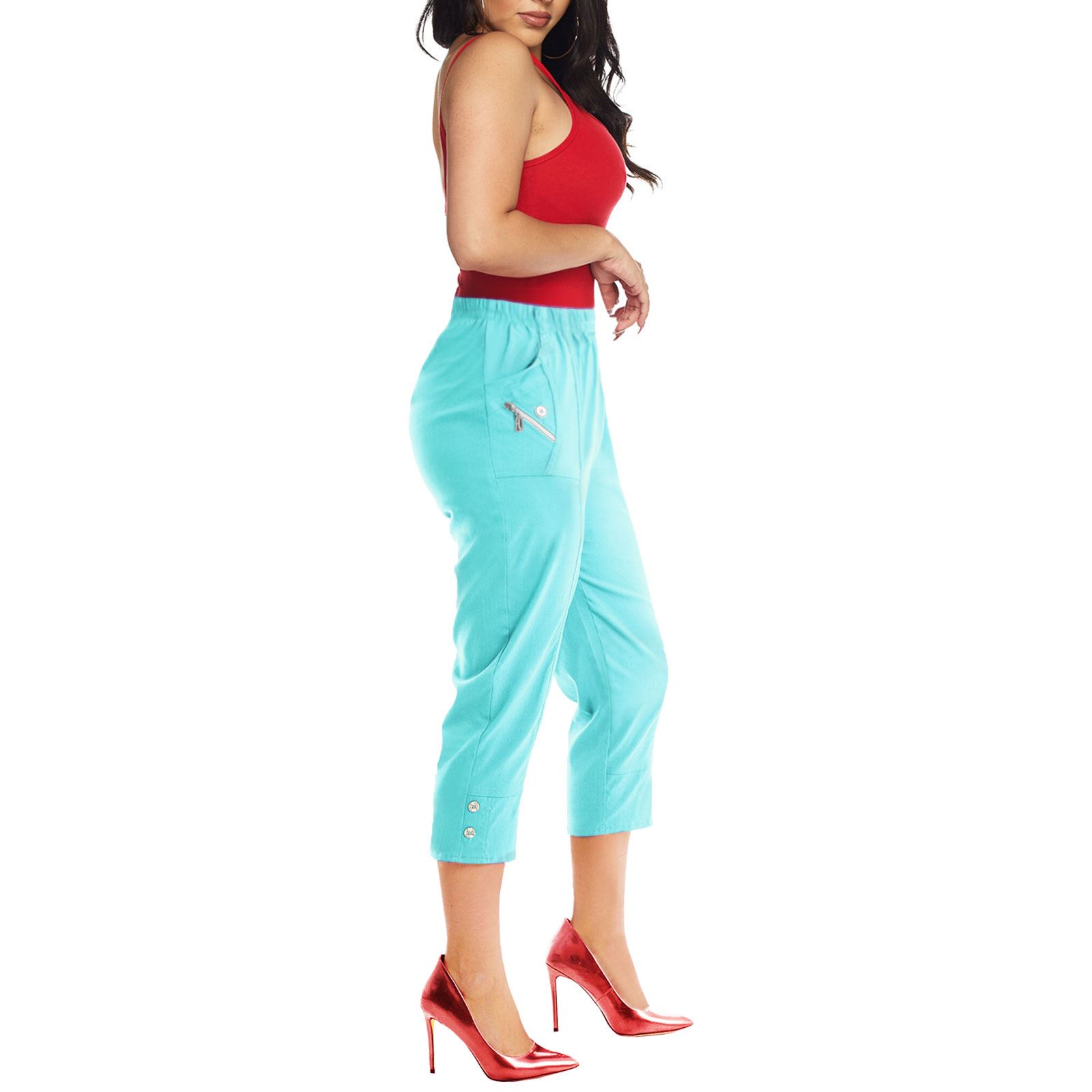 Womens Capri Cropped Trousers 3/4 Elasticated Waist Cherry Berry Shorts Pants - Picture 30 of 56