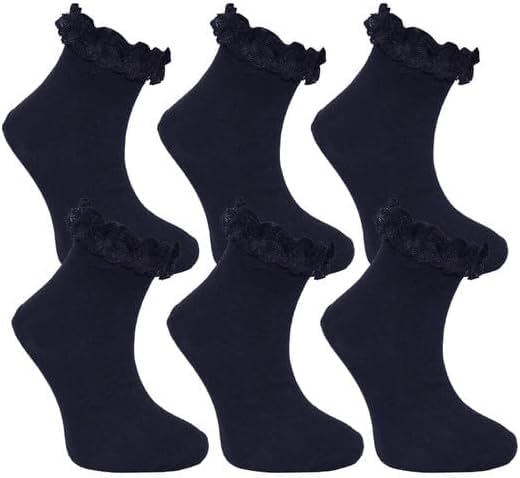 3,6,12 Pairs Kids Girls Frilly Lace Trim Socks Back To School Ankle Sock Uniform - Picture 17 of 26