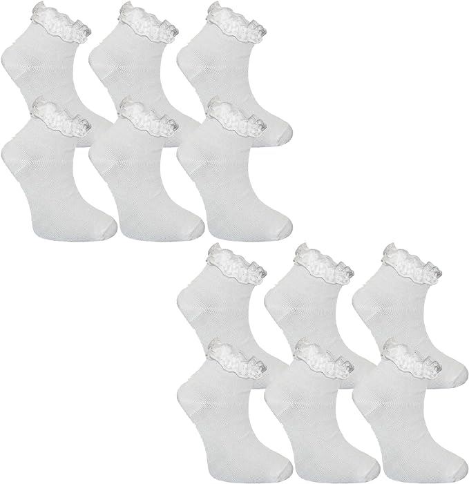 3,6,12 Pairs Kids Girls Frilly Lace Trim Socks Back To School Ankle Sock Uniform - Picture 21 of 26