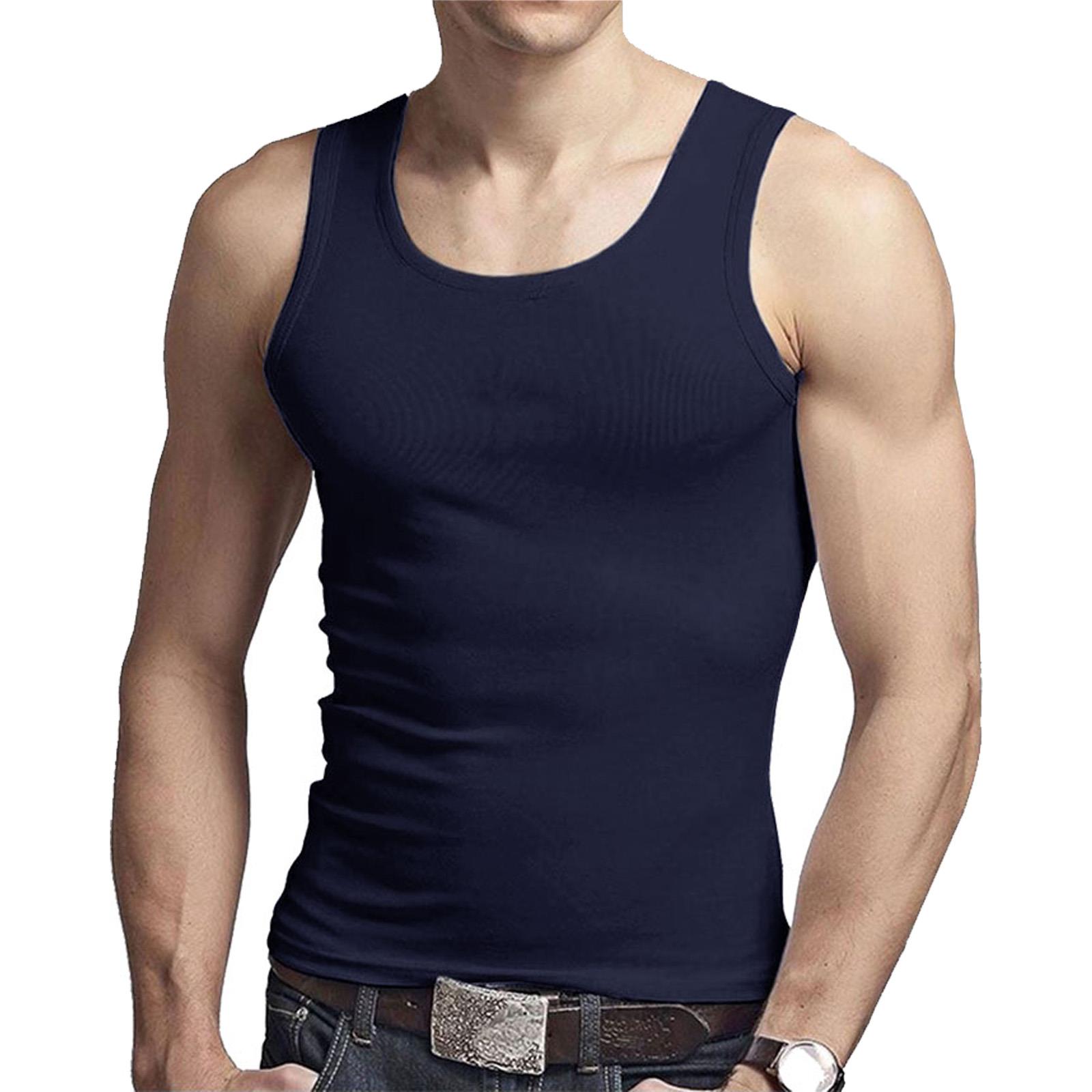 New 3 Pack Mens 100% Cotton Fitted Vest Gym Training Sleeveless Summer Tank Top - Picture 6 of 7