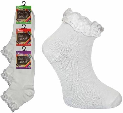 3,6,12 Pairs Kids Girls Frilly Lace Trim Socks Back To School Ankle Sock Uniform - Picture 26 of 26