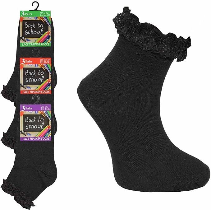 3,6,12 Pairs Kids Girls Frilly Lace Trim Socks Back To School Ankle Sock Uniform - Picture 8 of 26