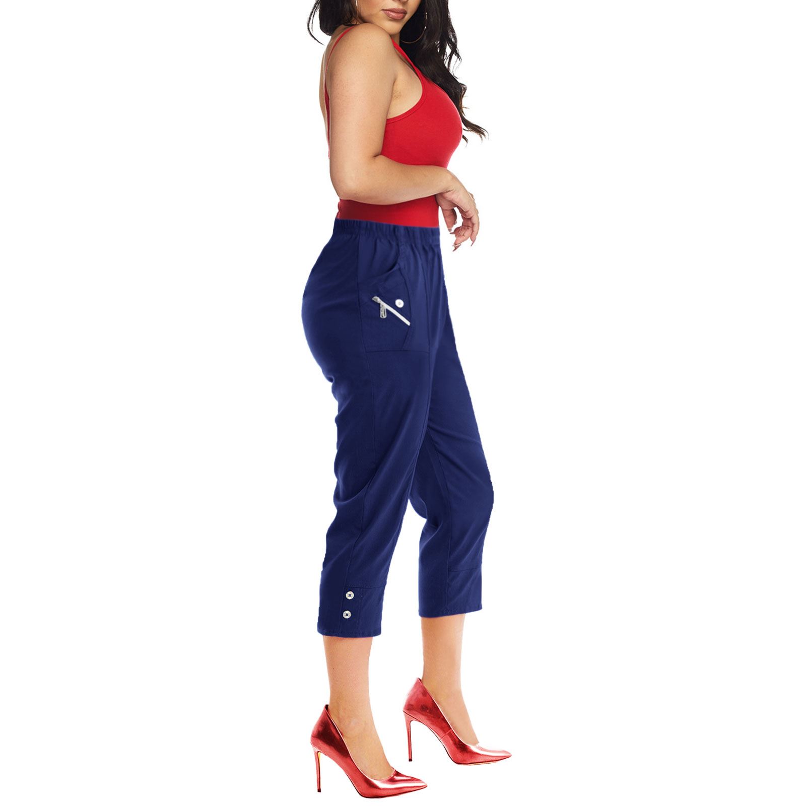 Womens Capri Cropped Trousers 3/4 Elasticated Waist Cherry Berry Shorts Pants - Picture 39 of 56