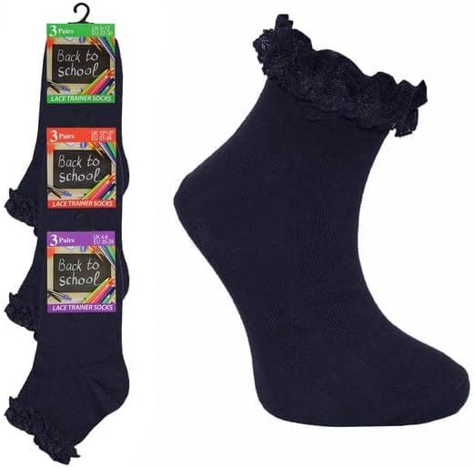 3,6,12 Pairs Kids Girls Frilly Lace Trim Socks Back To School Ankle Sock Uniform - Picture 20 of 26