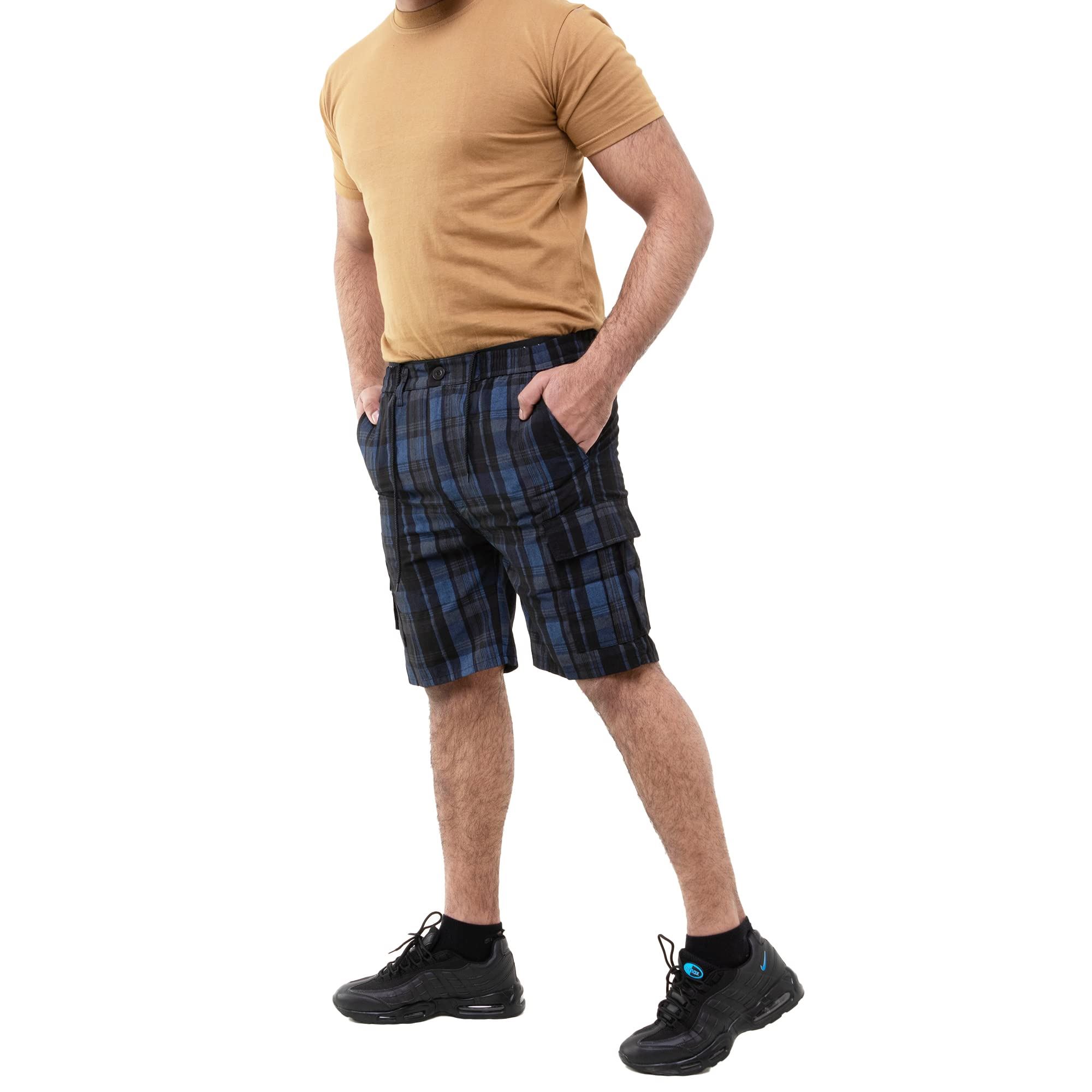 New Mens Checked Cargo Shorts Elasticated Waist Combat Summer Cotton Half Pants - Picture 10 of 15