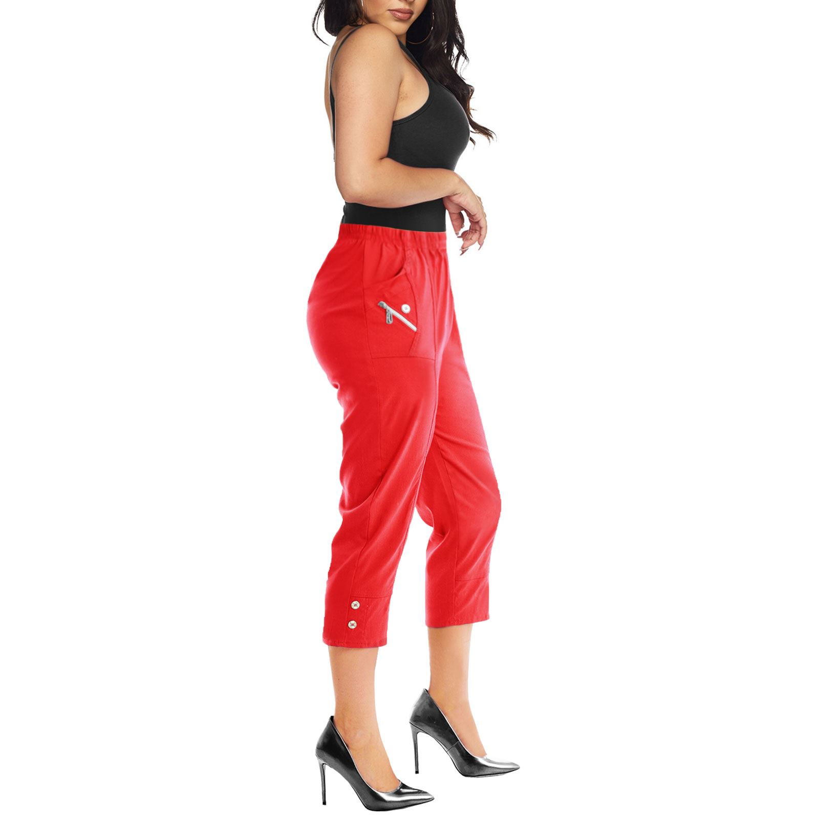 Womens Capri Cropped Trousers 3/4 Elasticated Waist Cherry Berry Shorts Pants - Picture 47 of 56