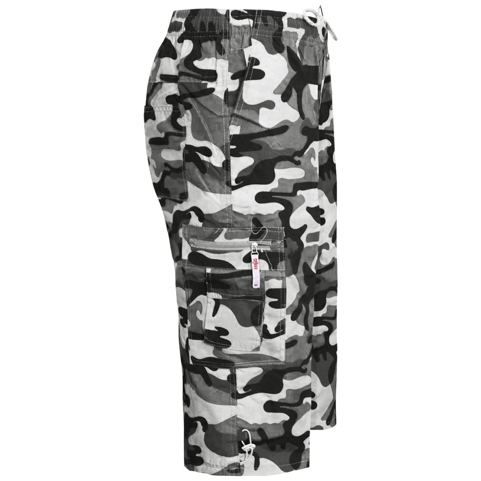 MENS 3//4 SHORTS CAMOUFLAGE ELASTICATED WAIST ARMY COMBAT CARGO POCKETS TROUSERS