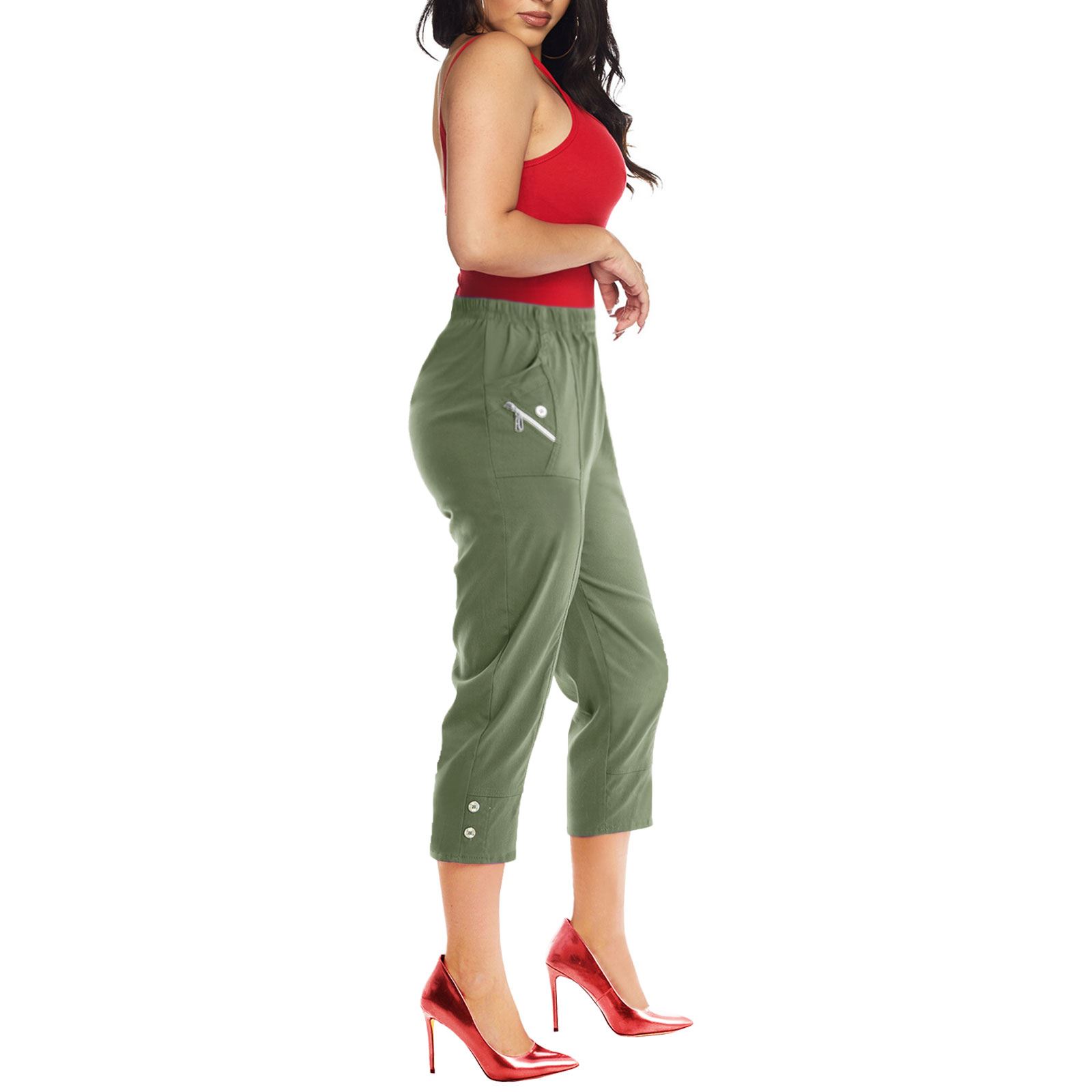 Womens Capri Cropped Trousers 3/4 Elasticated Waist Cherry Berry Shorts Pants - Picture 42 of 56