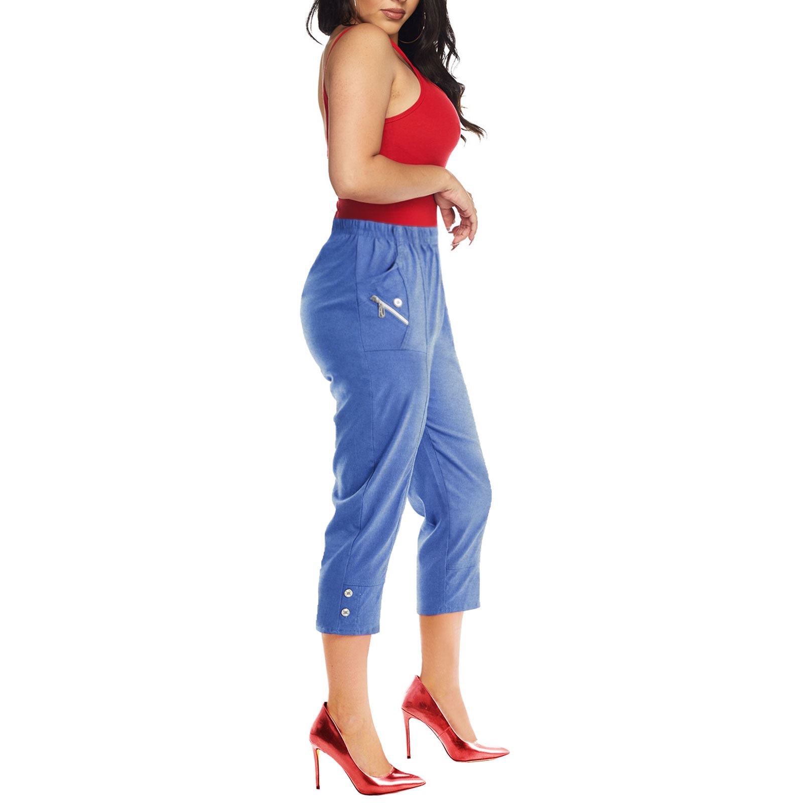 Womens Capri Cropped Trousers 3/4 Elasticated Waist Cherry Berry Shorts Pants - Picture 28 of 56