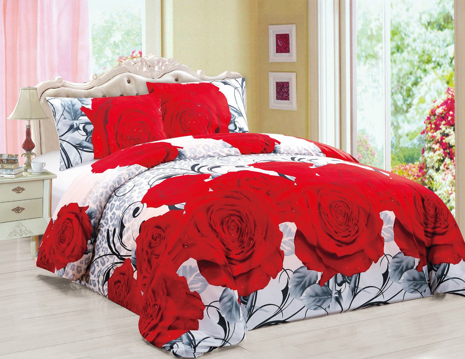 4 Pcs Floral 3D Effect Duvet Cover Fitted Sheet Pillowcase Complete Bedding Set