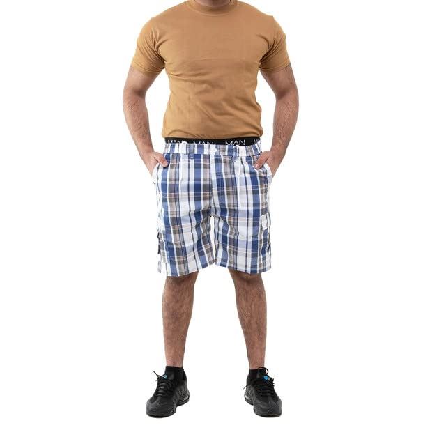 New Mens Checked Cargo Shorts Elasticated Waist Combat Summer Cotton Half Pants - Picture 11 of 15