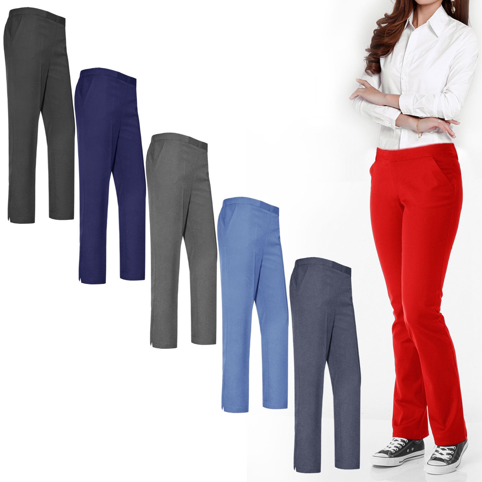 WOMEN LADIES TROUSERS GIRLS CLASSIC ELASTIC BOTTOMS OFFICE SCHOOL