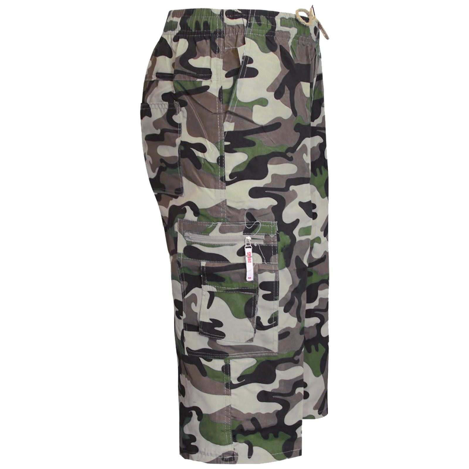MENS 3//4 SHORTS CAMOUFLAGE ELASTICATED WAIST ARMY COMBAT CARGO POCKETS TROUSERS
