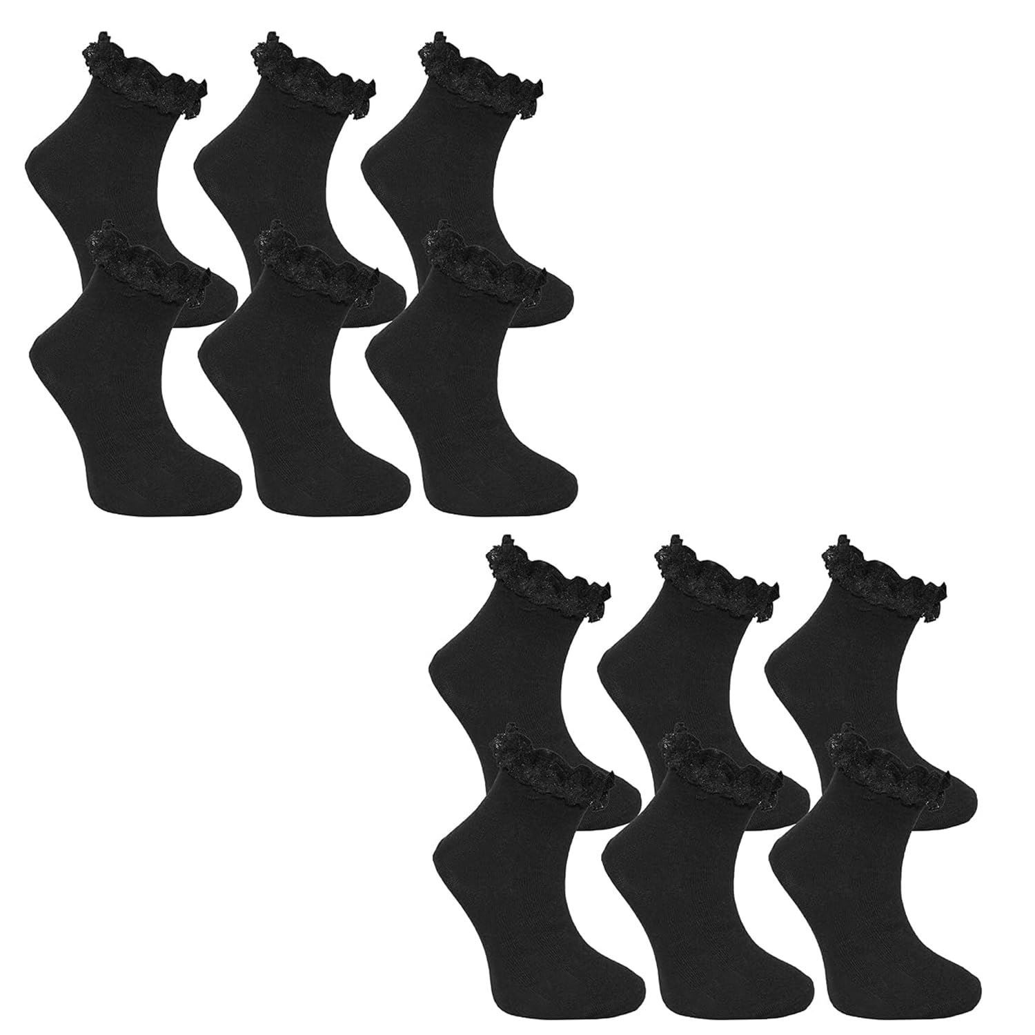 3,6,12 Pairs Kids Girls Frilly Lace Trim Socks Back To School Ankle Sock Uniform - Picture 6 of 26