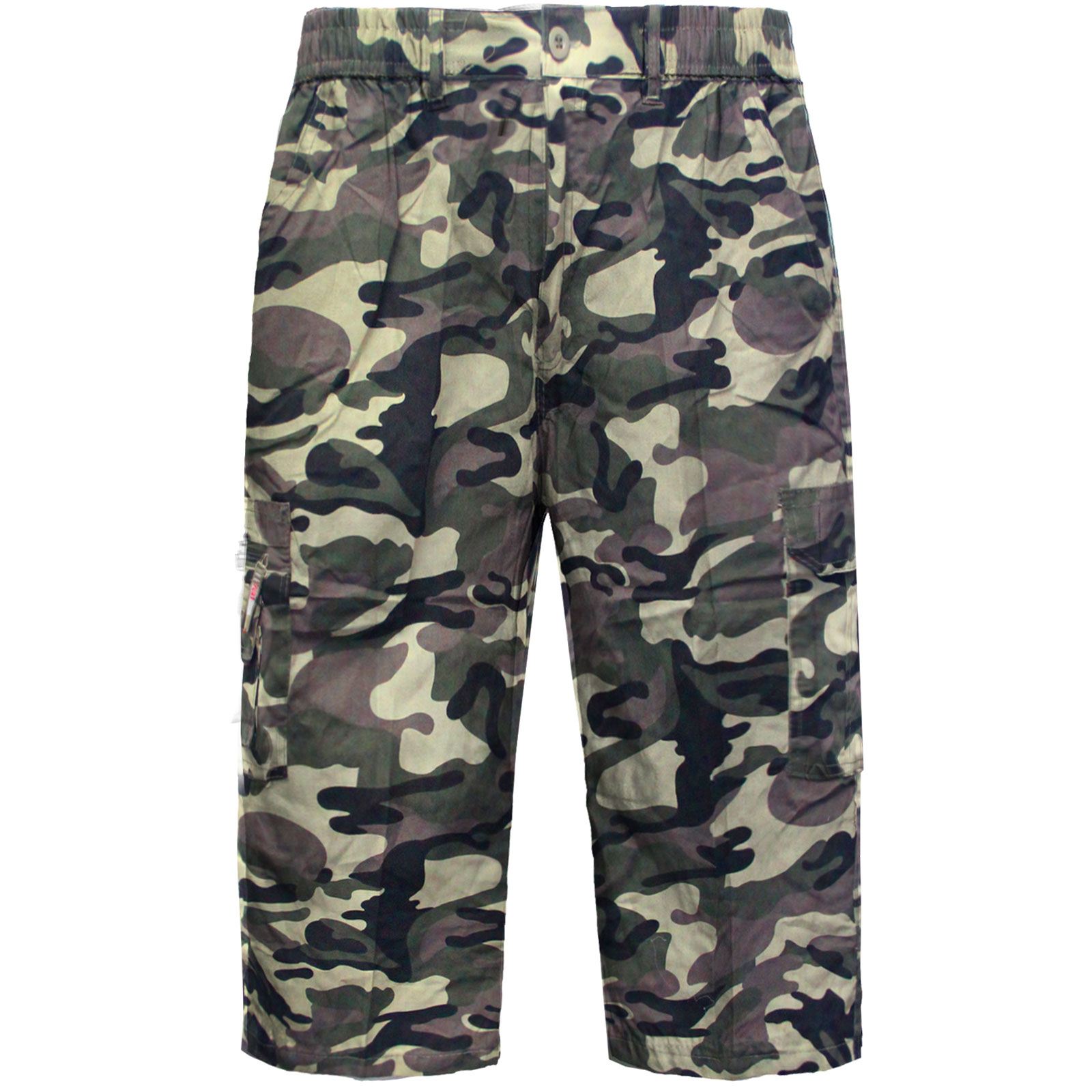 MENS CAMOUFLAGE 3/4 SHORTS CARGO COMBAT ELASTICATED WAIST POCKET SUMMER