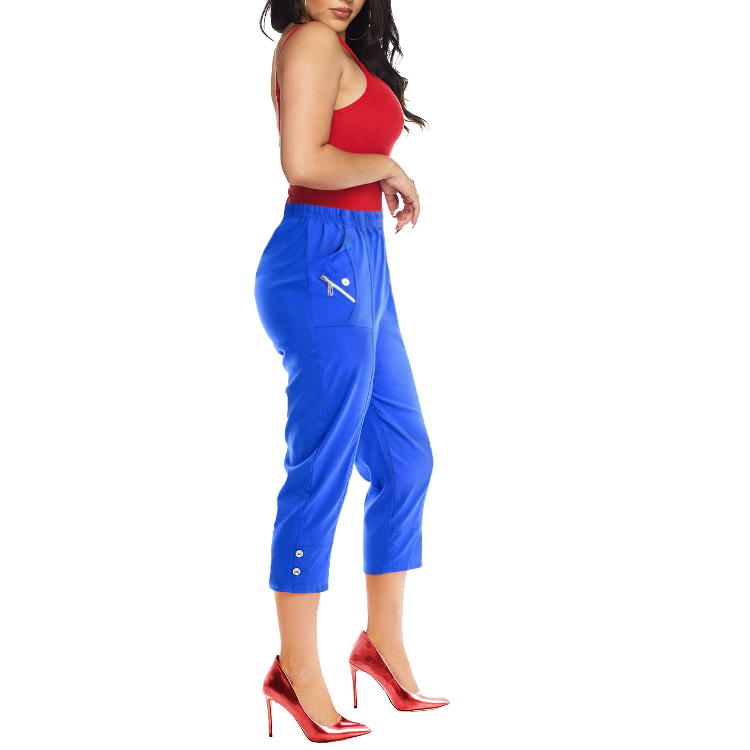 Womens Capri Cropped Trousers 3/4 Elasticated Waist Cherry Berry Shorts Pants - Picture 51 of 56