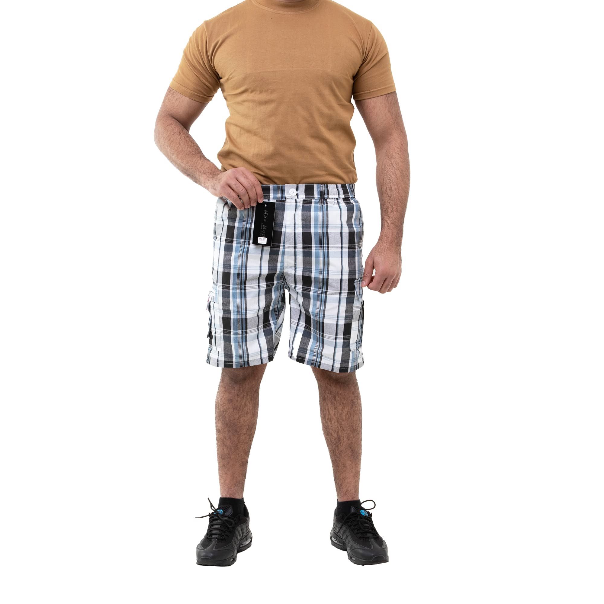 New Mens Checked Cargo Shorts Elasticated Waist Combat Summer Cotton Half Pants - Picture 14 of 15
