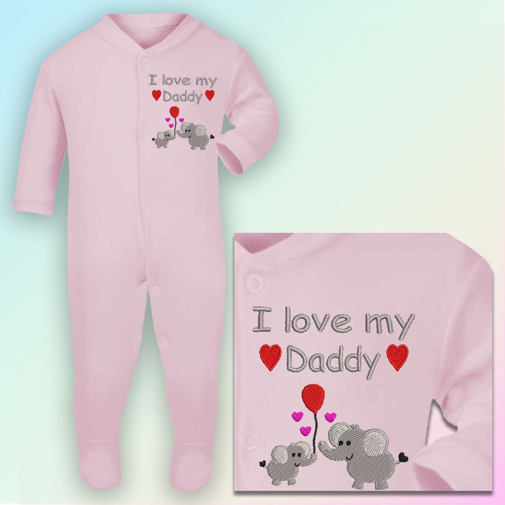 I Love Daddy Embroidered Baby Sleepsuit Gift Cute Elephants Dad eBay