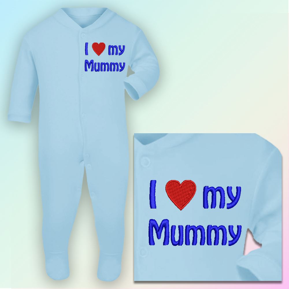 I Love My Mummy Embroidered Baby Sleepsuit Gift Mum Mother Day