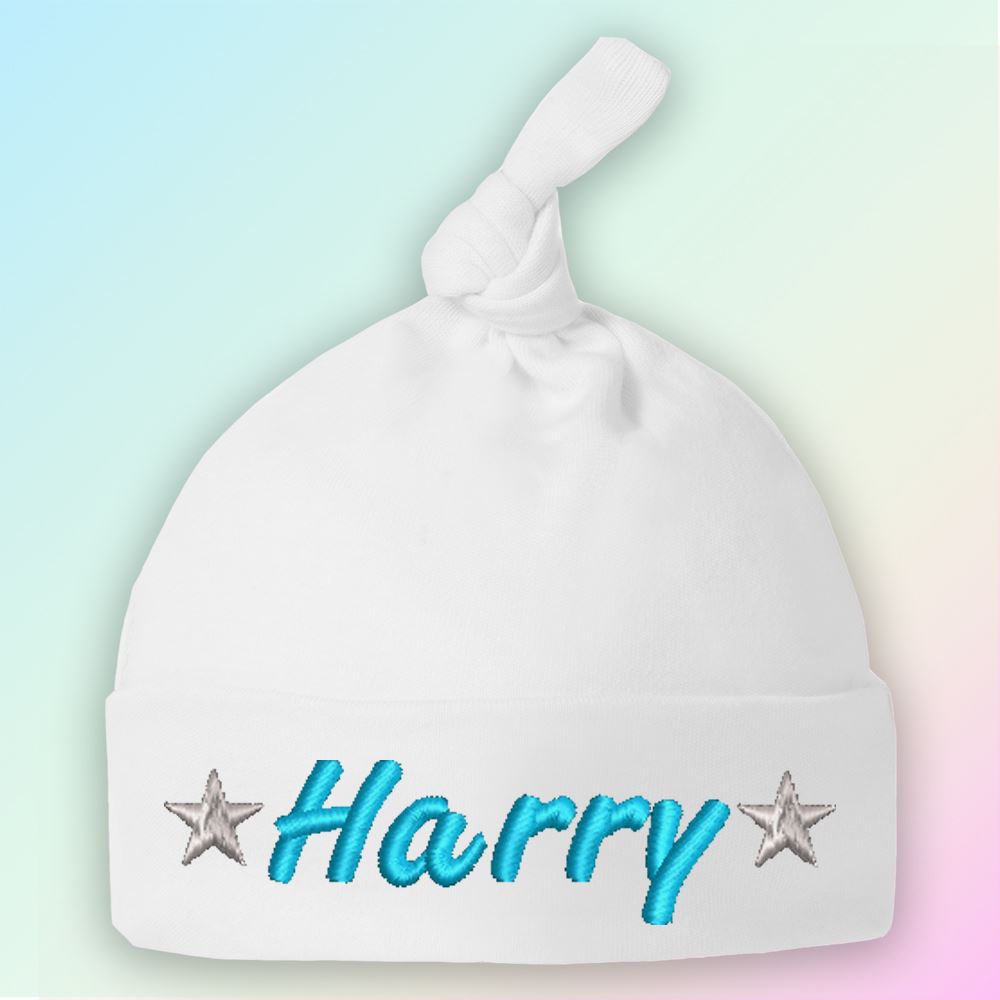Stars Embroidered Baby Knotted Hat Gift Personalised Name