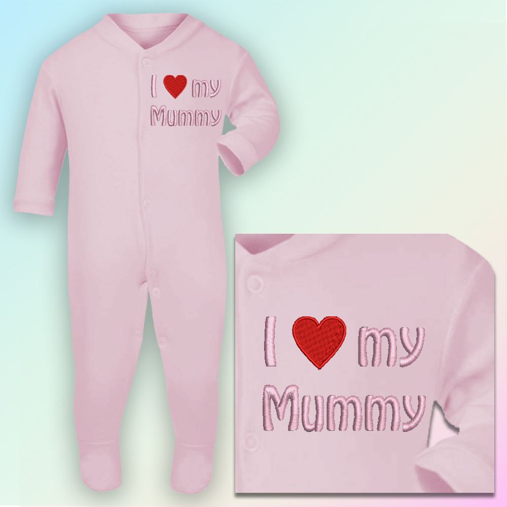 I Love My Mummy Embroidered Baby Sleepsuit Gift Mum Mother Day