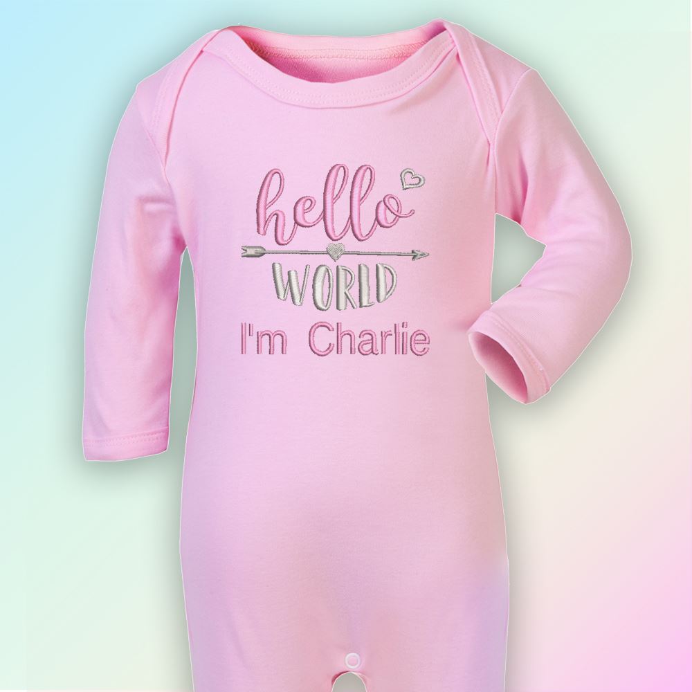Personalised Hello World Embroidered Baby Romper Babygrow Gift Coming