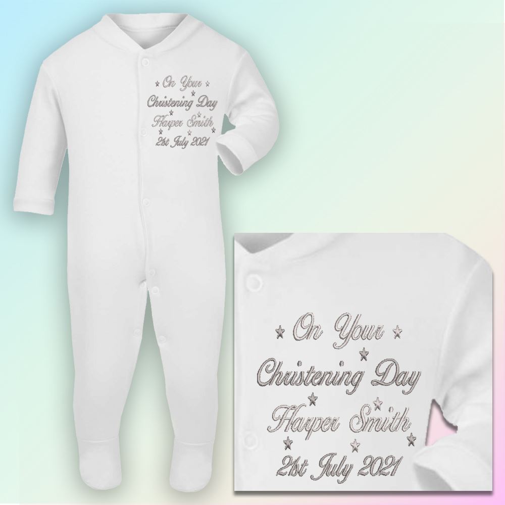 Personalised Christening Embroidered Baby Sleepsuit Gift Colour Choices