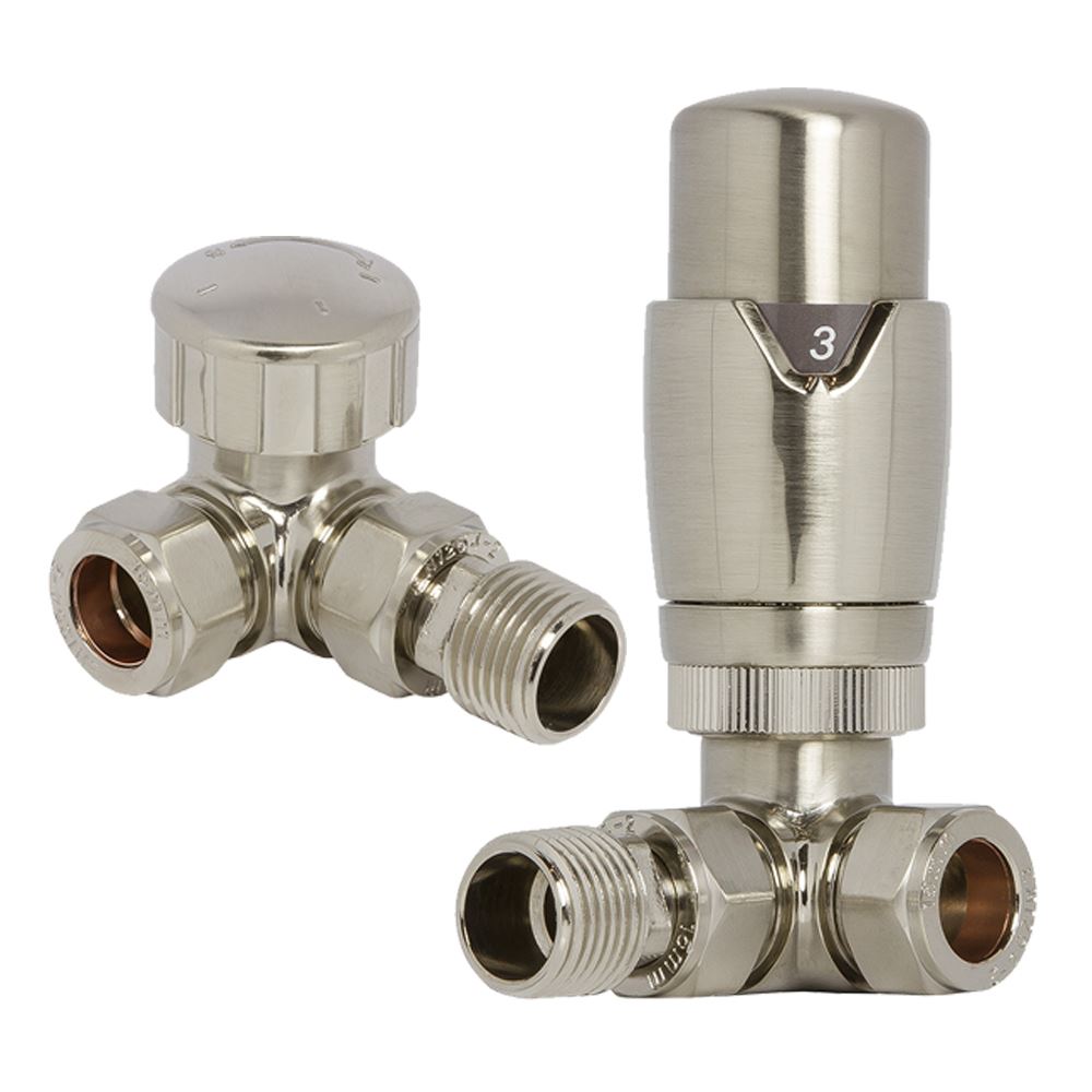Brushed Nickel Corner Bi Directional Thermostatic TRV Radiator Valves