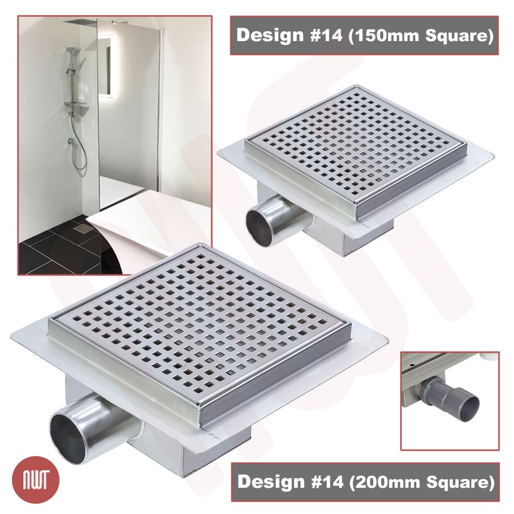 "Square" Stainless Steel Shower, Wetroom Drainage Gully (150mm or 200mm