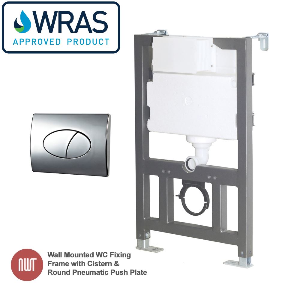 Wall Mounted Toilet Fixing Frame Cistern & Oval Chrome Pneumatic Push