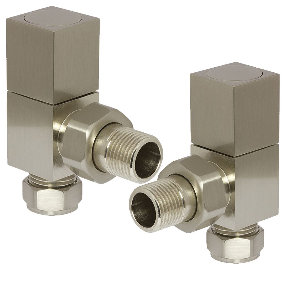 Brushed Nickel Angled Square Cubic Radiator & Towel Rail Valves (Pair