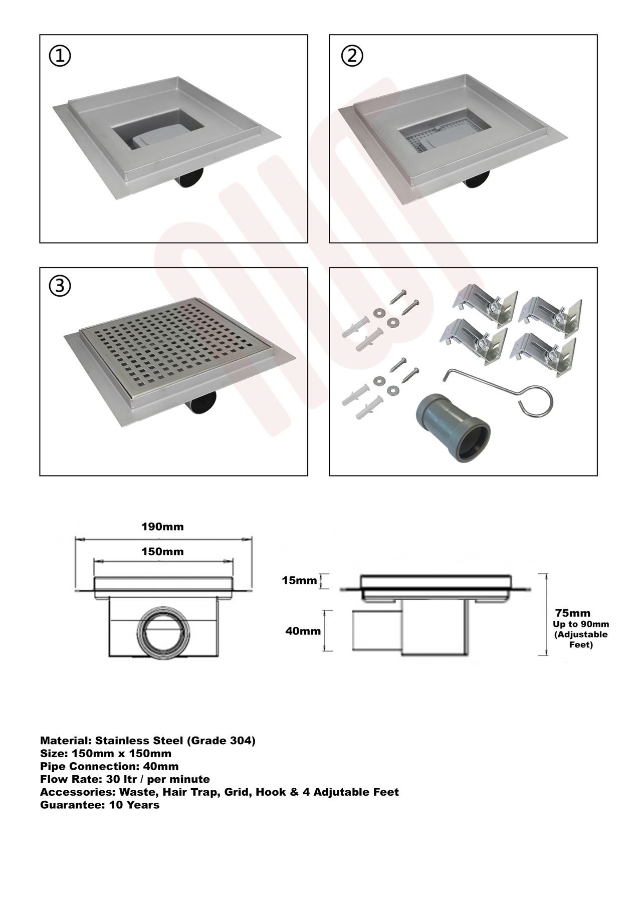 Square Stainless Steel Shower Wetroom Drainage Gully Trap Waste (150mm or 200mm) - Picture 5 of 7