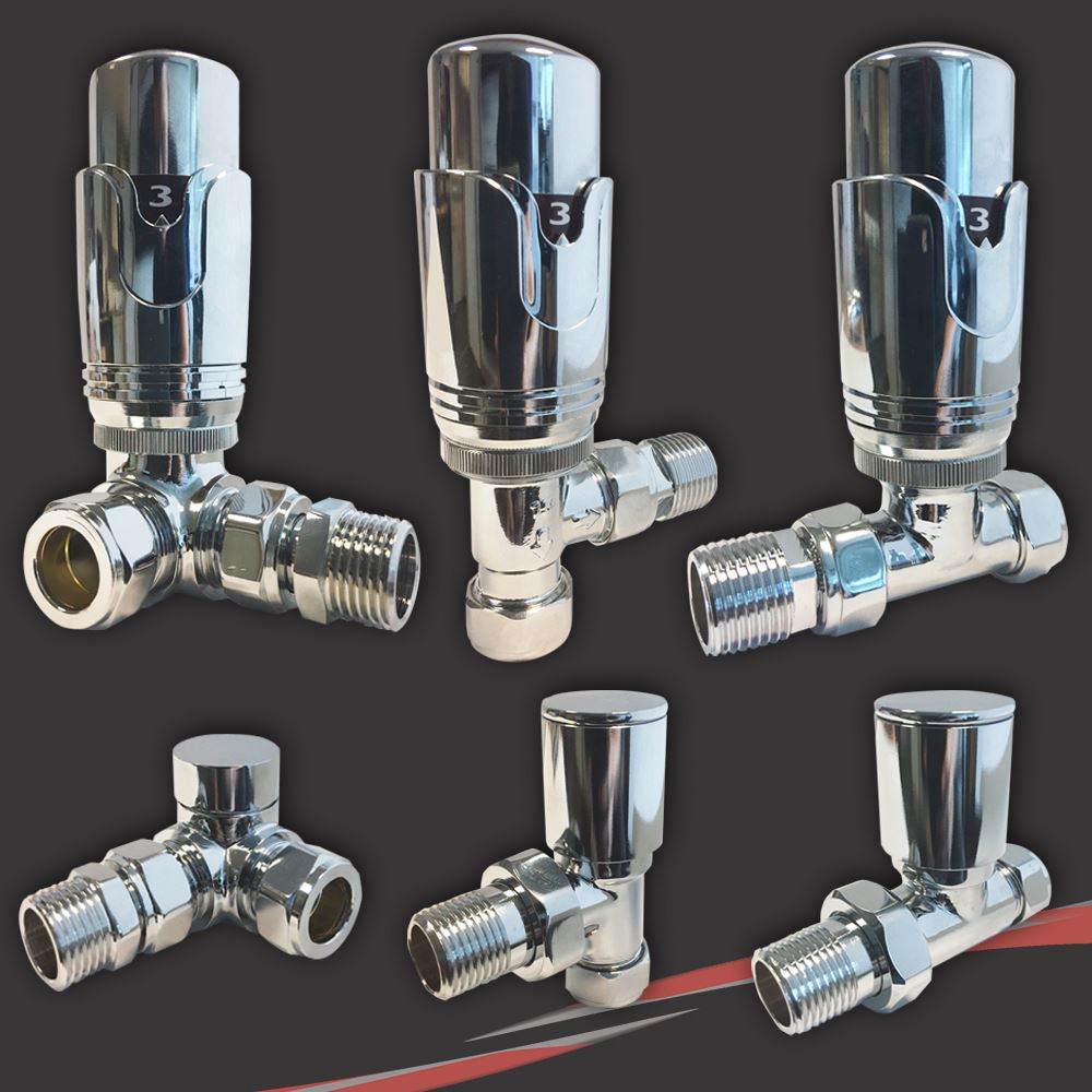 Chrome Thermostatic TRV Radiator & Towel Rail Valves Angled, Straight
