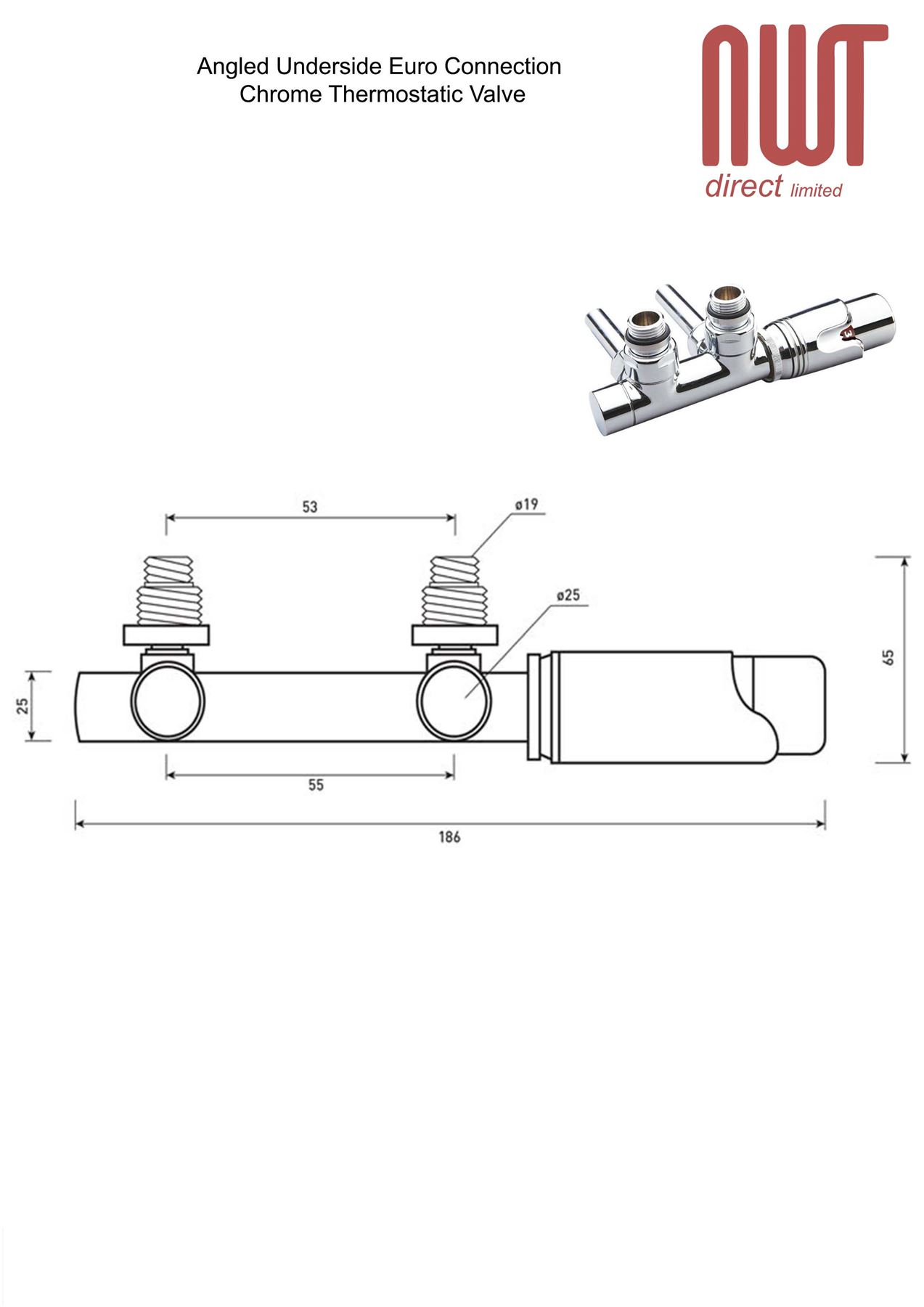 Angled Chrome TRV Thermostatic Radiator Valves - 50mm Underside