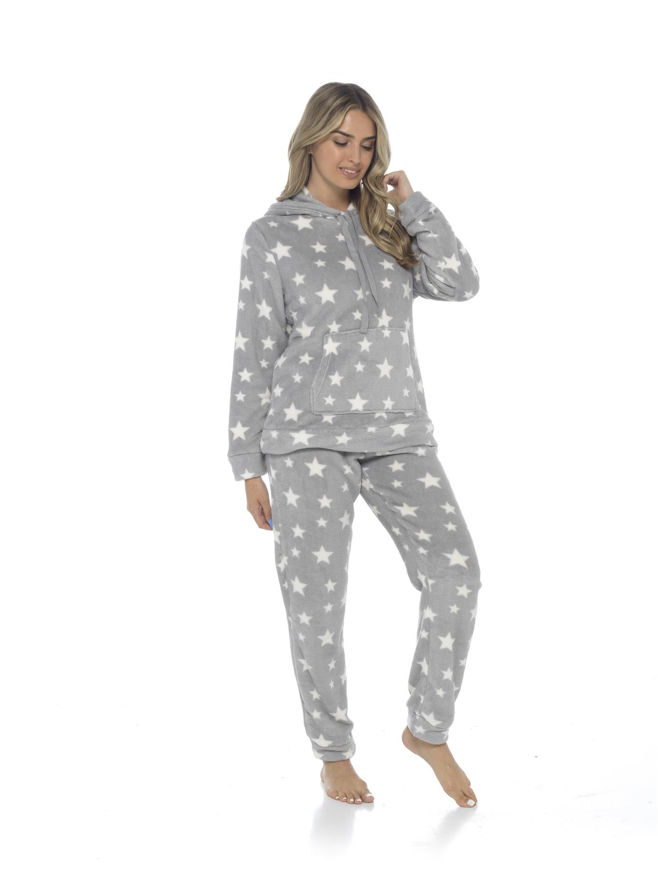 Women's Stars Hooded Pyjamas Warm Fleece Top & Pants Pyjama Lounge Set PJs - Picture 23 of 31