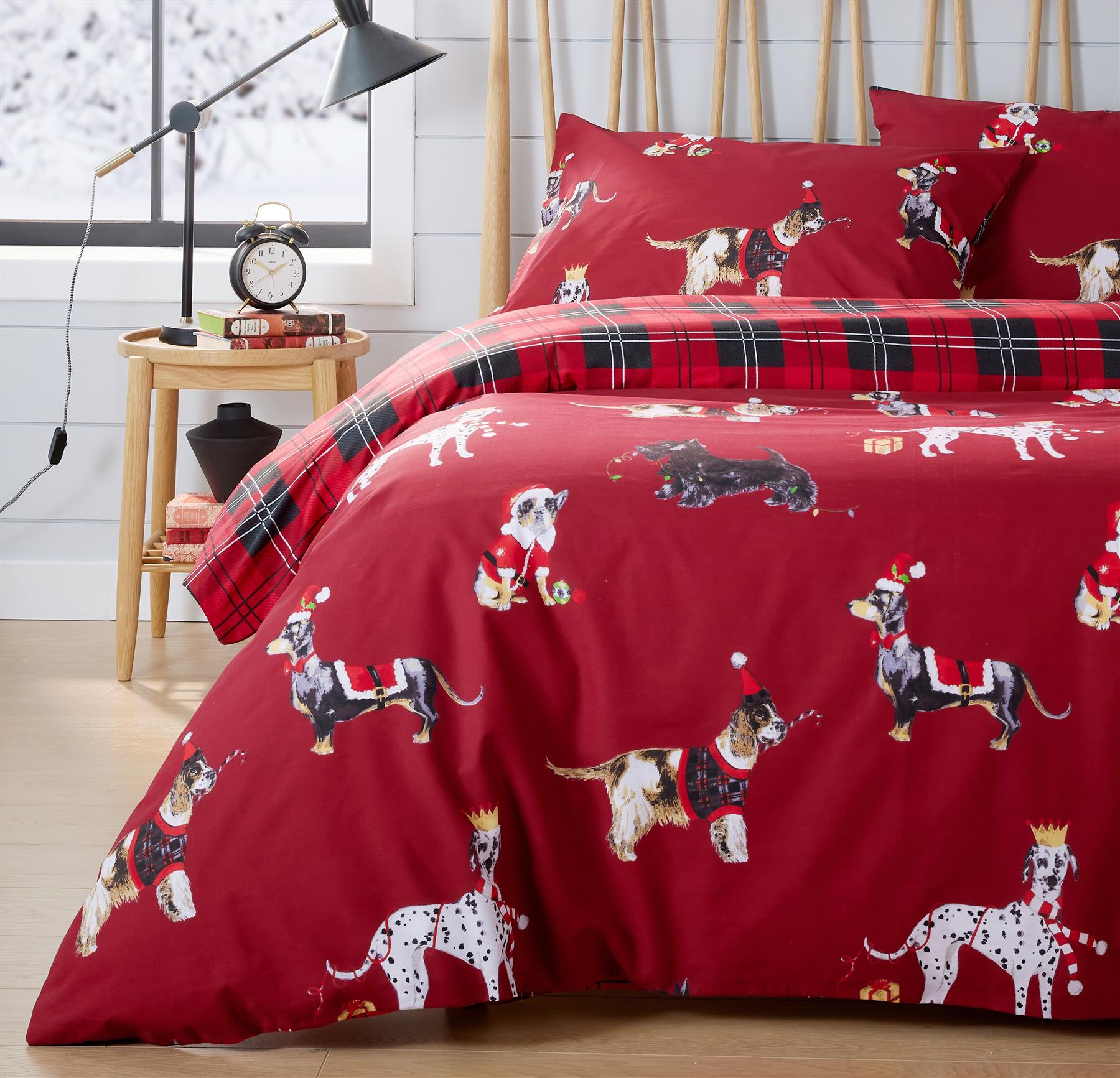 Christmas Dogs Duvet Cover Set Quilt Covers Reversible Check Bedding Bed Linen - Picture 3 of 5