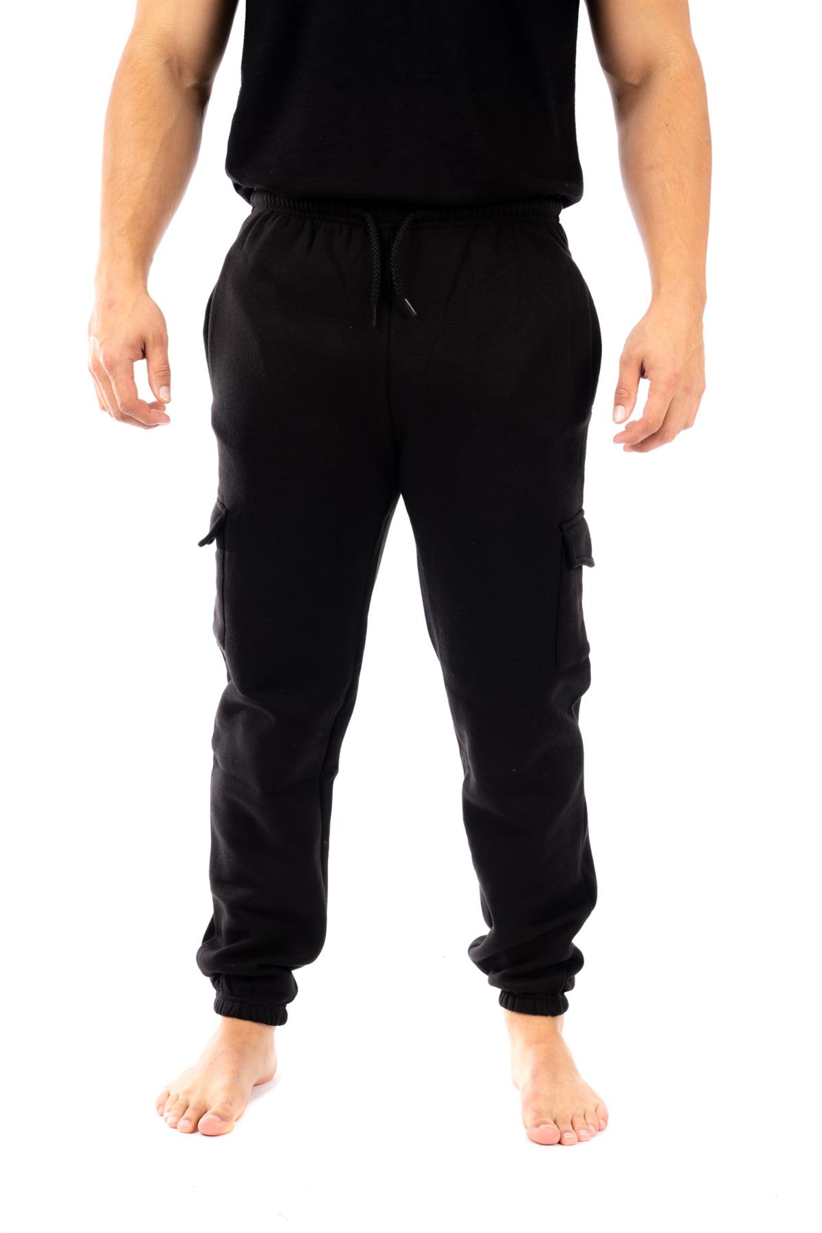 Mens Tracksuit Bottoms Cargo Side Pockets Fleece Bottom Jogging Sweat