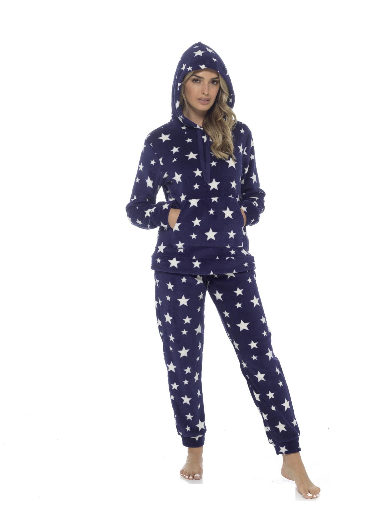 Women's Stars Hooded Pyjamas Warm Fleece Top & Pants Pyjama Lounge Set PJs - Picture 26 of 31