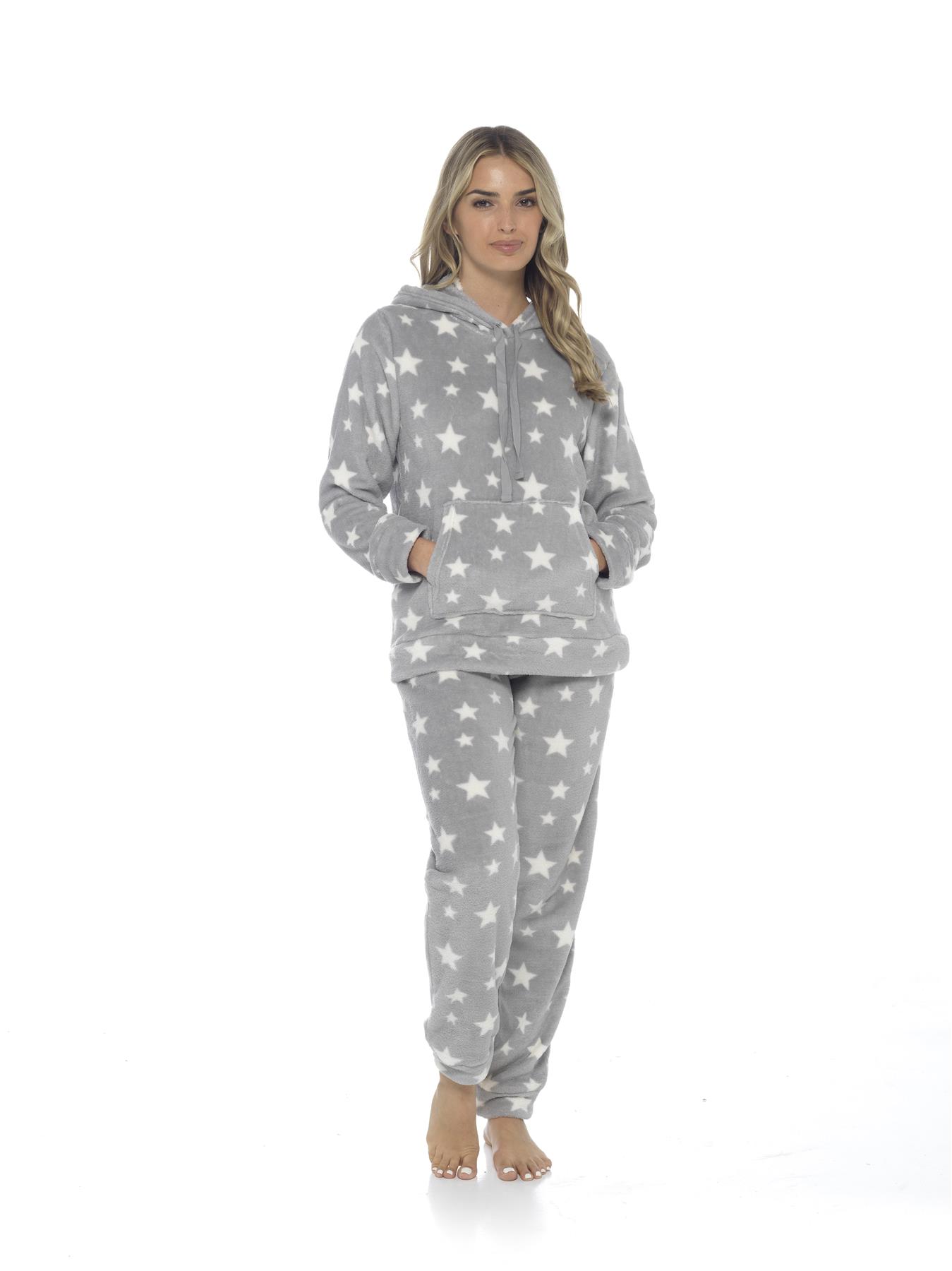 Women's Stars Hooded Pyjamas Warm Fleece Top & Pants Pyjama Lounge Set PJs - Picture 21 of 31