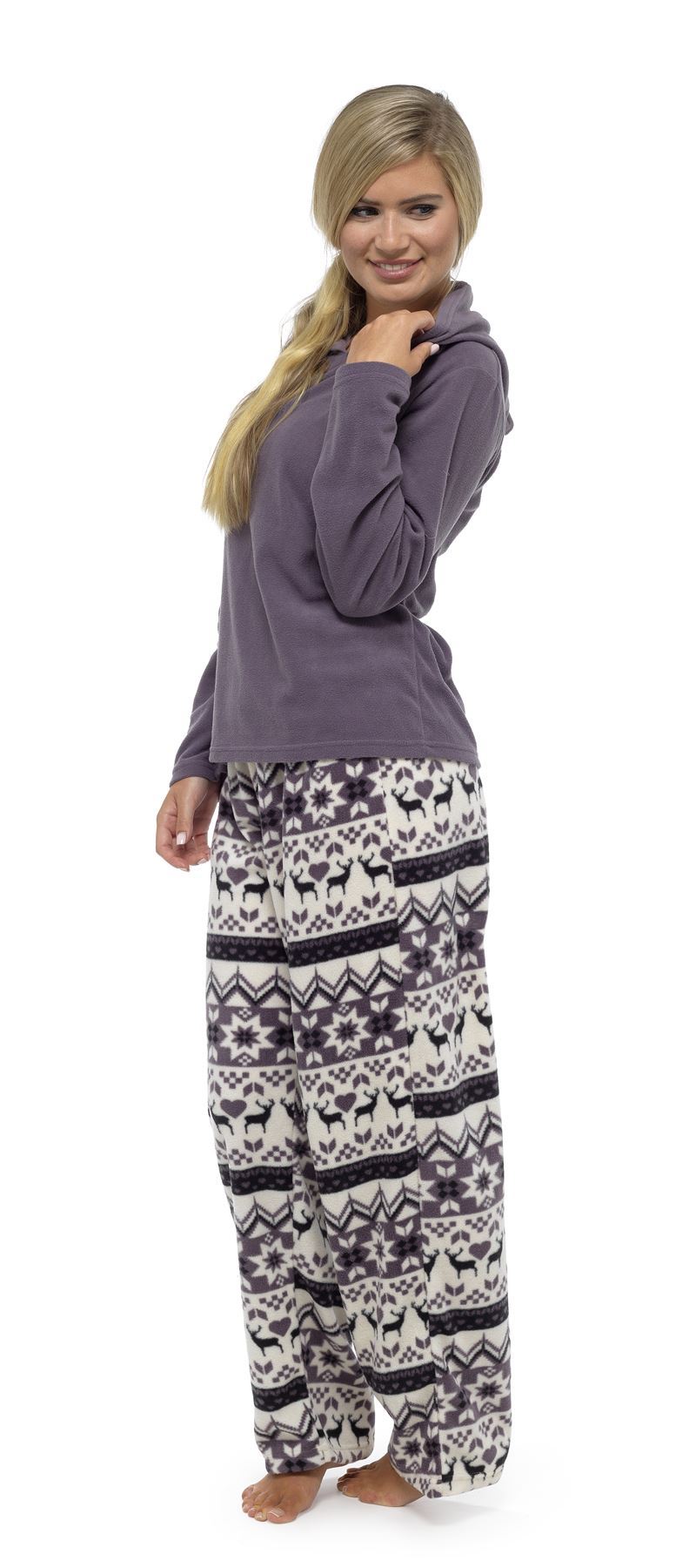 Women's Stars Hooded Pyjamas Warm Fleece Top & Pants Pyjama Lounge Set PJs - Picture 2 of 31
